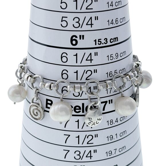 Vintage Sterling Silver 925 Pearls and Spiral Inspirational Charm Bracelet 7.25" - Picture 3 of 5